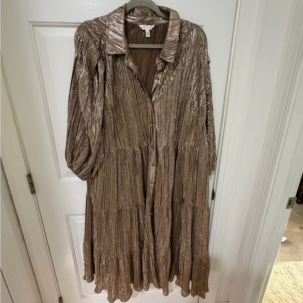 Metallic Pleated Midi Women's Dress
